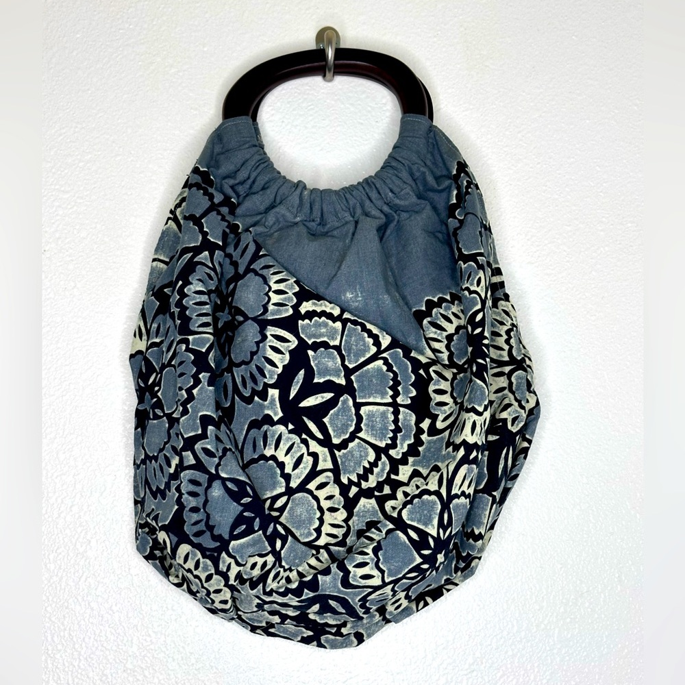 BOHO Wood handle hand made recycled fabric print hand bag
